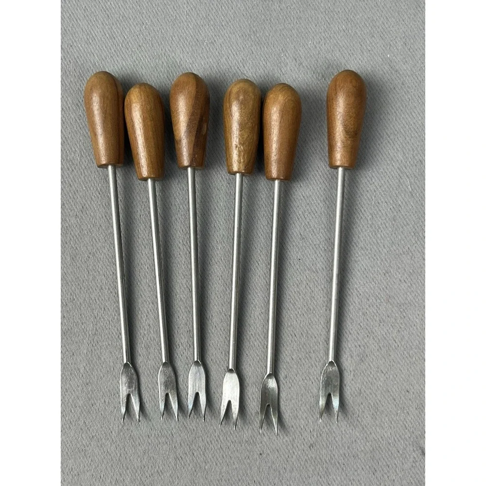 Vintage MCM Oliv-Art Olive Wood Bull Taureau 6 Appetizer Cocktail Skewers Forks